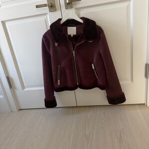 Anthropologie Burgundy Faux-Shearling Zip Jacket